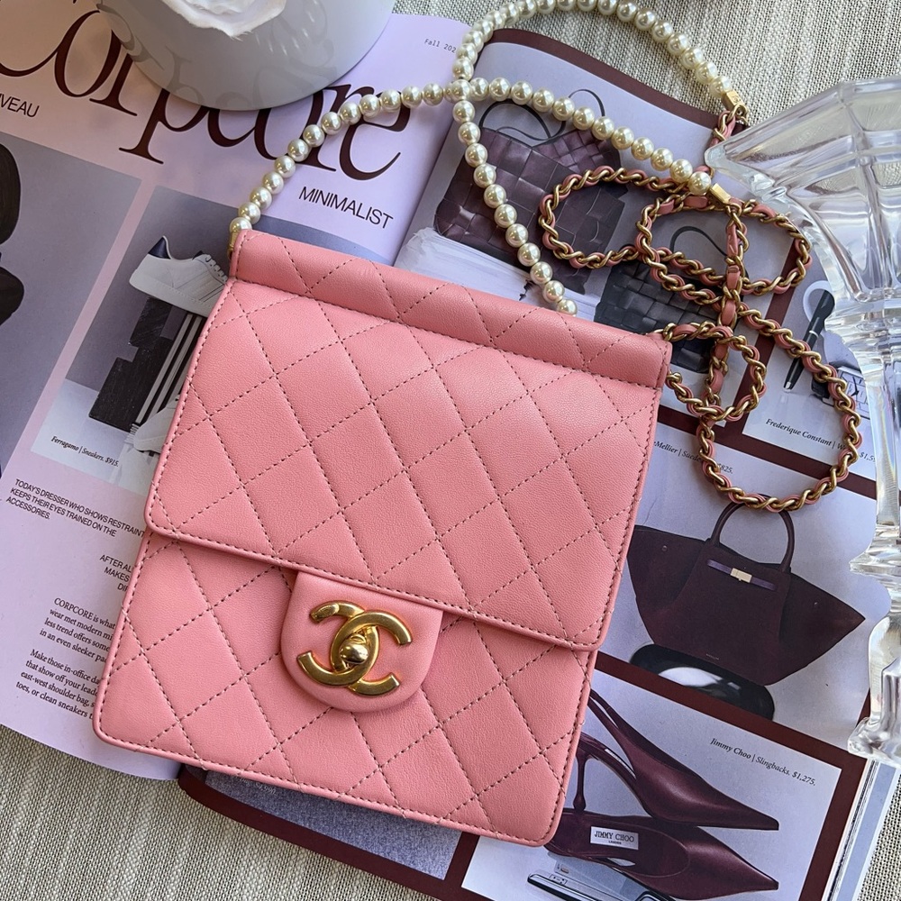 Chanel Mini Pearl Chain Pink Vertical Flap Bag